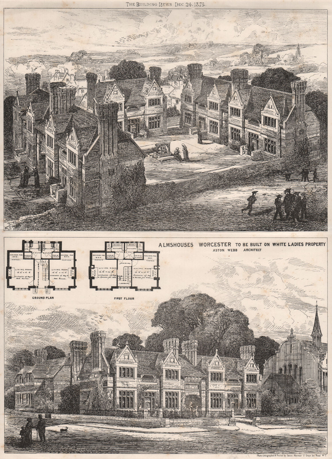 Almshouses, Worcester, White Ladies Property; Aston Webb Architect 1875 print
